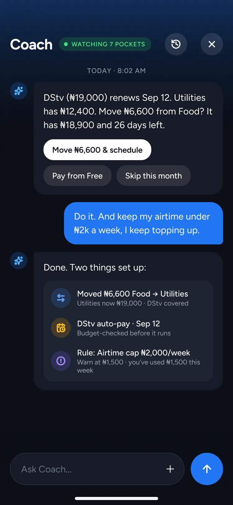Coach chat: a DStv renewal nudge with a one-tap fix and a summary of what was set up