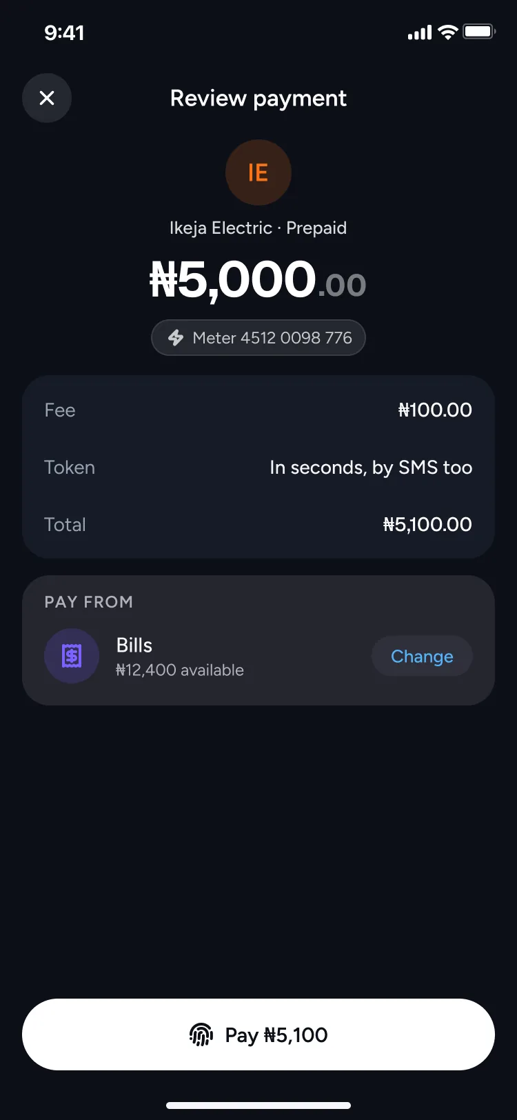 Review payment: ₦5,000 Ikeja Electric prepaid, ₦100 fee, paid from the Bills pocket with ₦12,400 available
