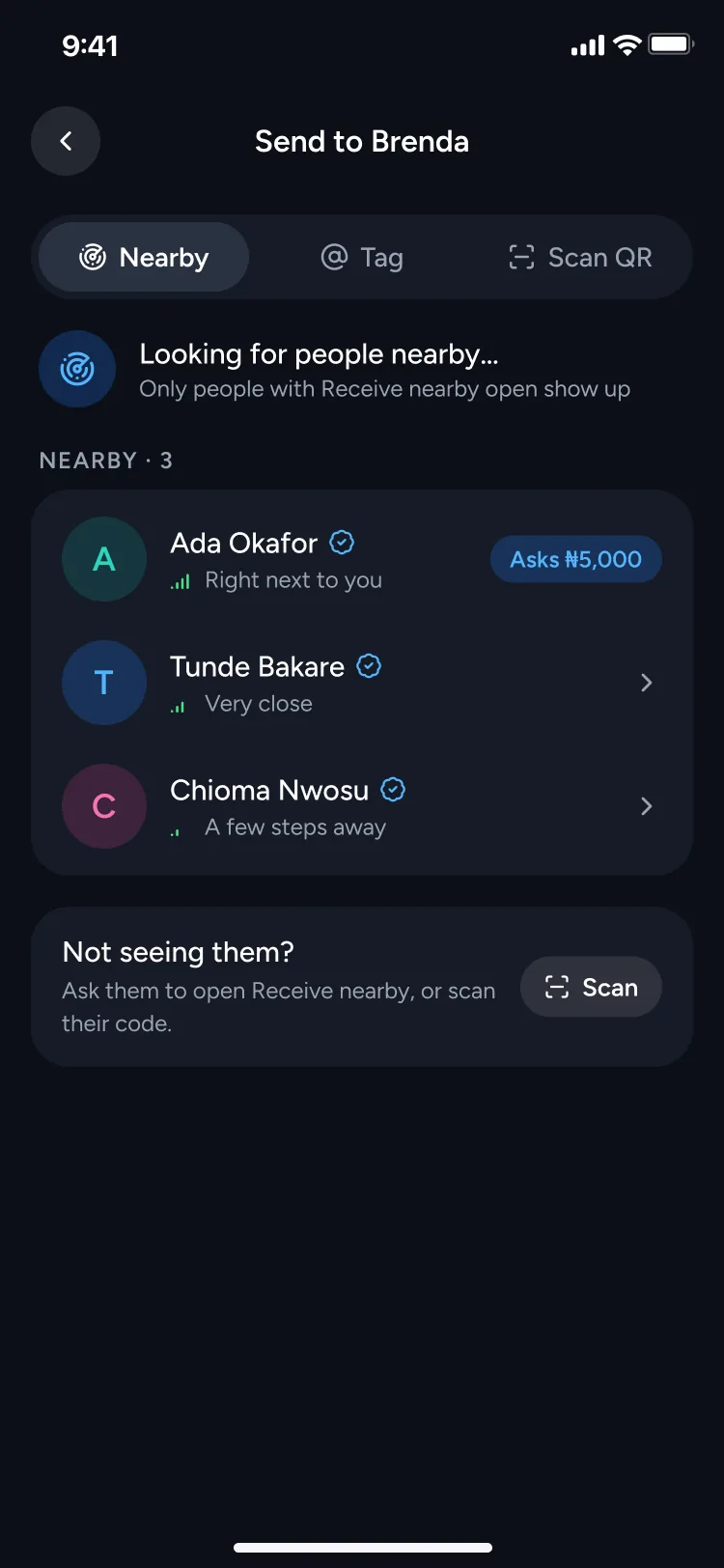 Send to Brenda, Nearby tab: three verified people nearby, Ada Okafor asking for ₦5,000